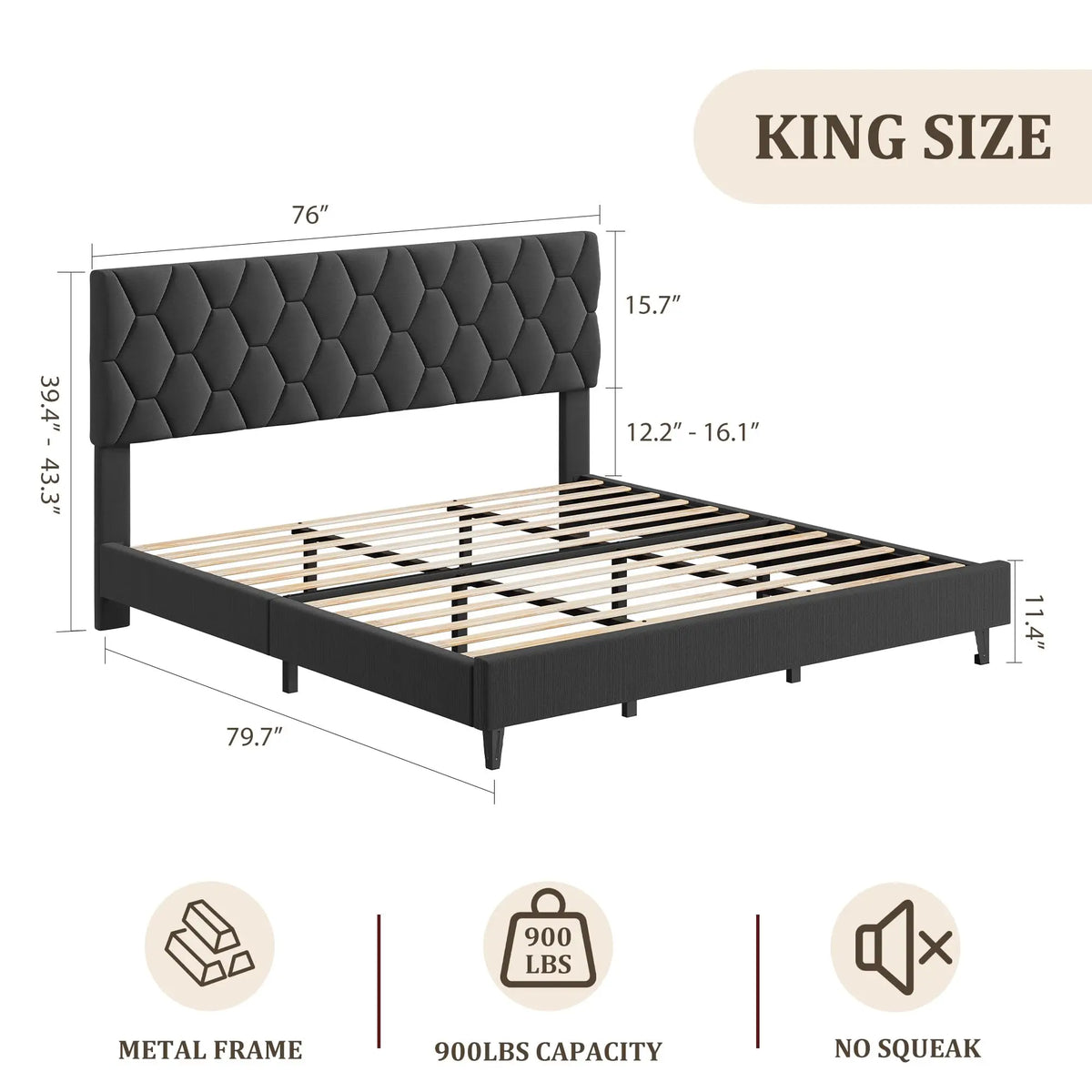 Noise-Free Upholstered Platform Bed Frame with Fabric Headboard - Heavy-Duty Slat Support, Non-Slip, No Box Spring Needed, Easy Assembly - KING Grey