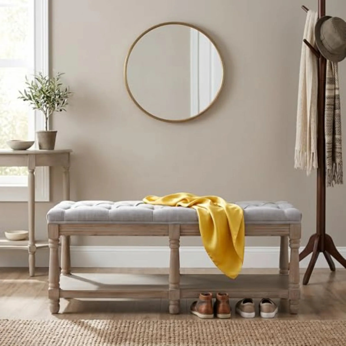 Shoe Rack Bench Storage Vintage Bedroom Padded Bench Seat End of Bed, Fabric Tufted Farmhouse French Entryway Bench