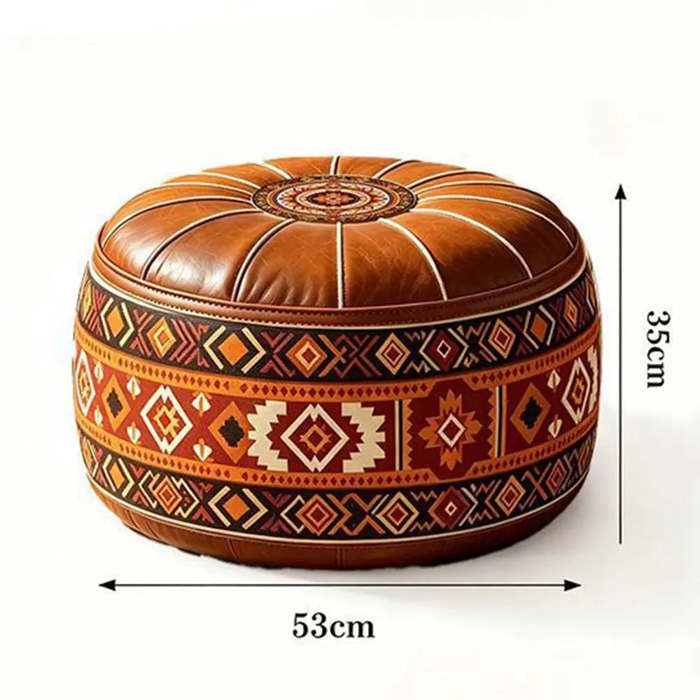 New PU Leather Fillable Ottoman Pouf Embroidered Pattern Moroccan Style Storage Ottoman Round Shape Round Pouf Cover Living Room