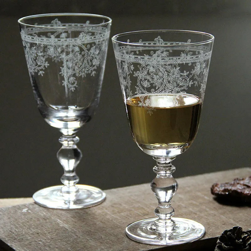 Vintage Etched Wine Goblet French Retro Crystal Stemware for Home Bar Unique Glass Gift