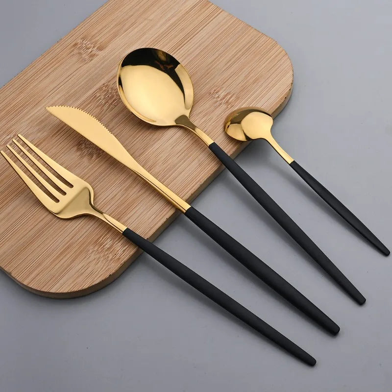 30 Pcs Stainless Steel Golden Black Cutlery Sets, Stainless Steel Golden Flatware Set - Mirror Polished Silveryware for Weddings, Knife Fork Spoon Household, Hotels, Restaurants - Dishwasher Safe
