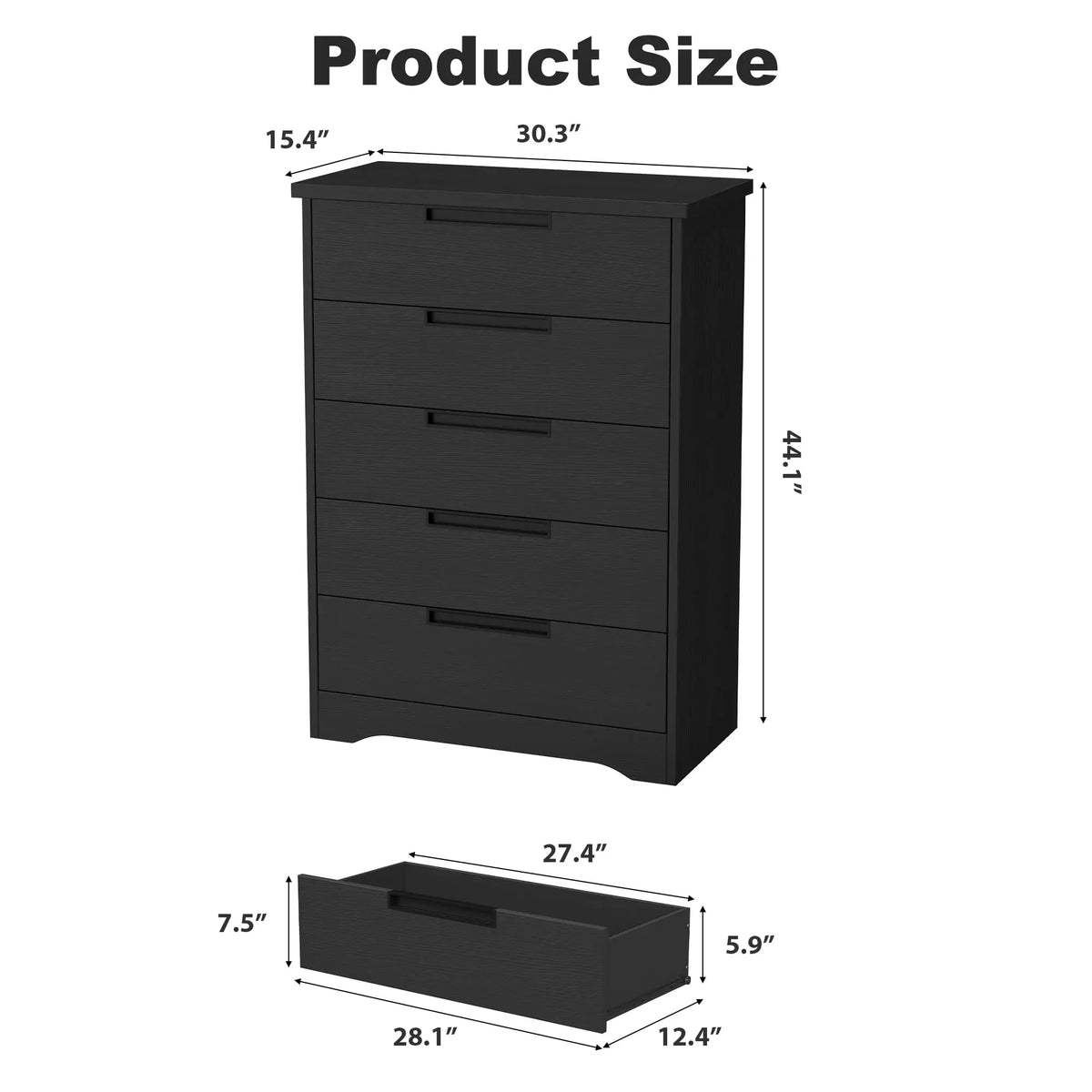 5-Drawer Wooden Dresser - Modern Storage Furniture for Bedroom, Living Room, Hallway & Nursery - Recessed Handles, Spacious, Versatile
