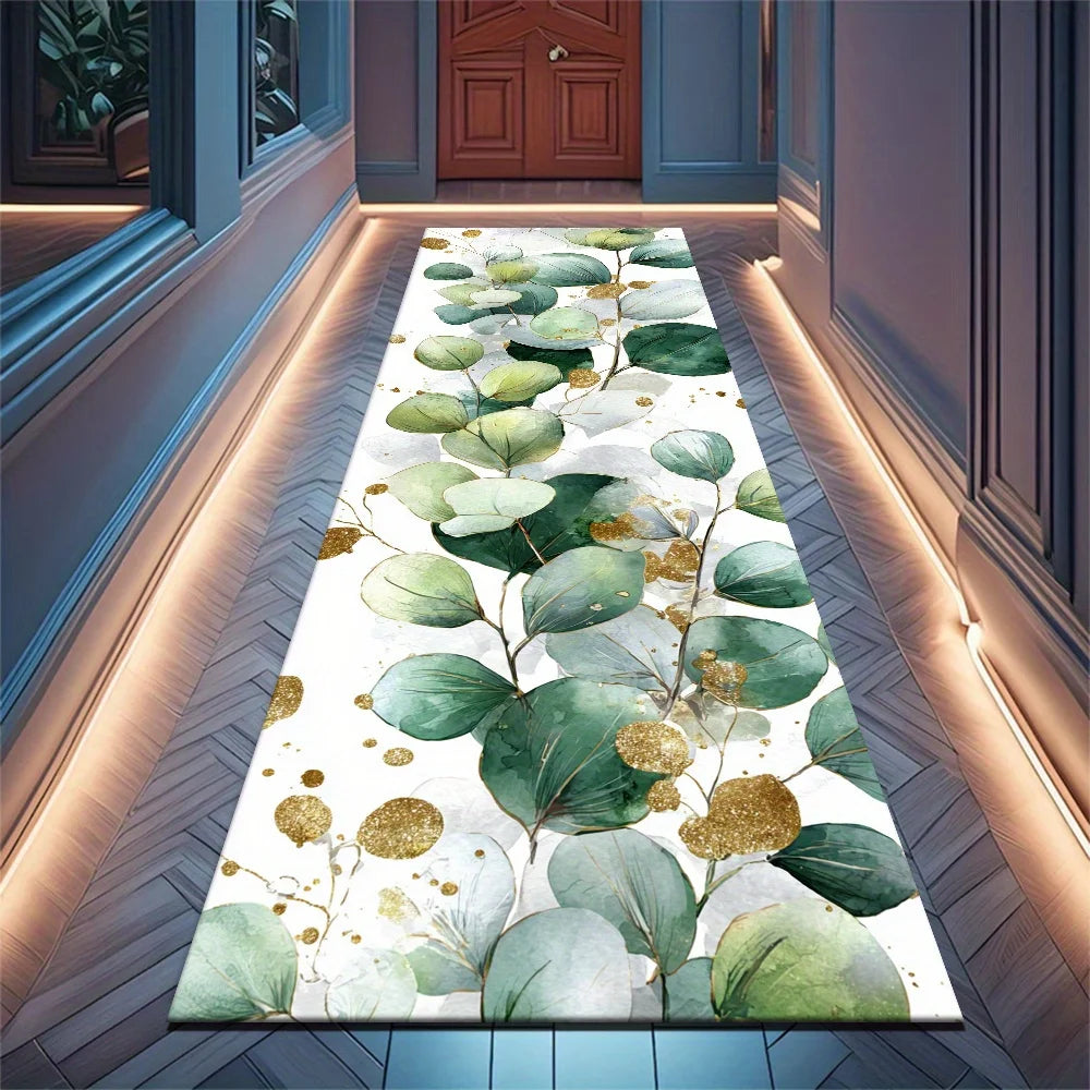 Minimalist Eucalyptus Leaf Gold Speckle Runner Rug on white base,non-slip decorative mat for bedroom, entryway and home corridor