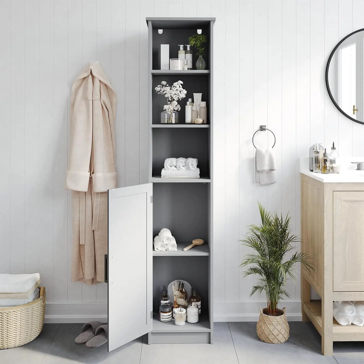 Freestanding Bathroom Linen Tower Storage Cabinet with Adjustable Shelves & Doors, Gray, Customized