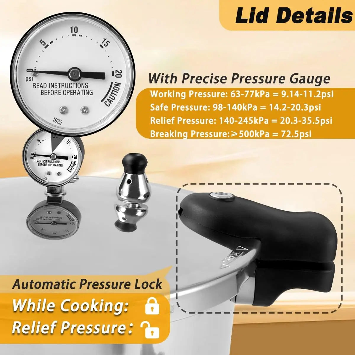 23QT Aluminum Pressure Cooker & Canner, 105KPa Induction Compatible Pressure Pot with Gauge, Thickened Heavy Duty Body