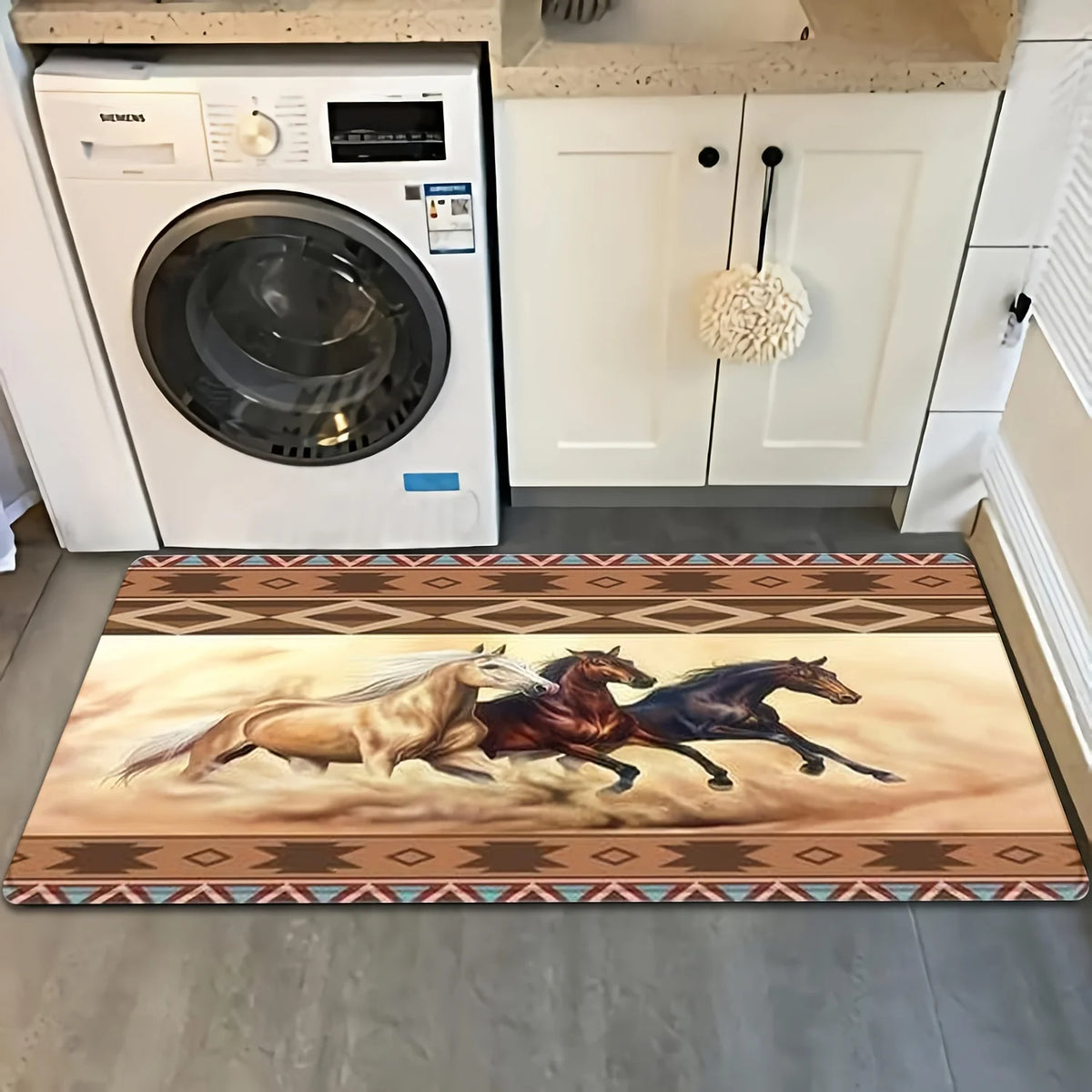 Tribal Geometric Border Running Horse Print Runner Rug, Non-Slip Washable Mat for Bedroom, Entryway, Hallway & Western Rustic