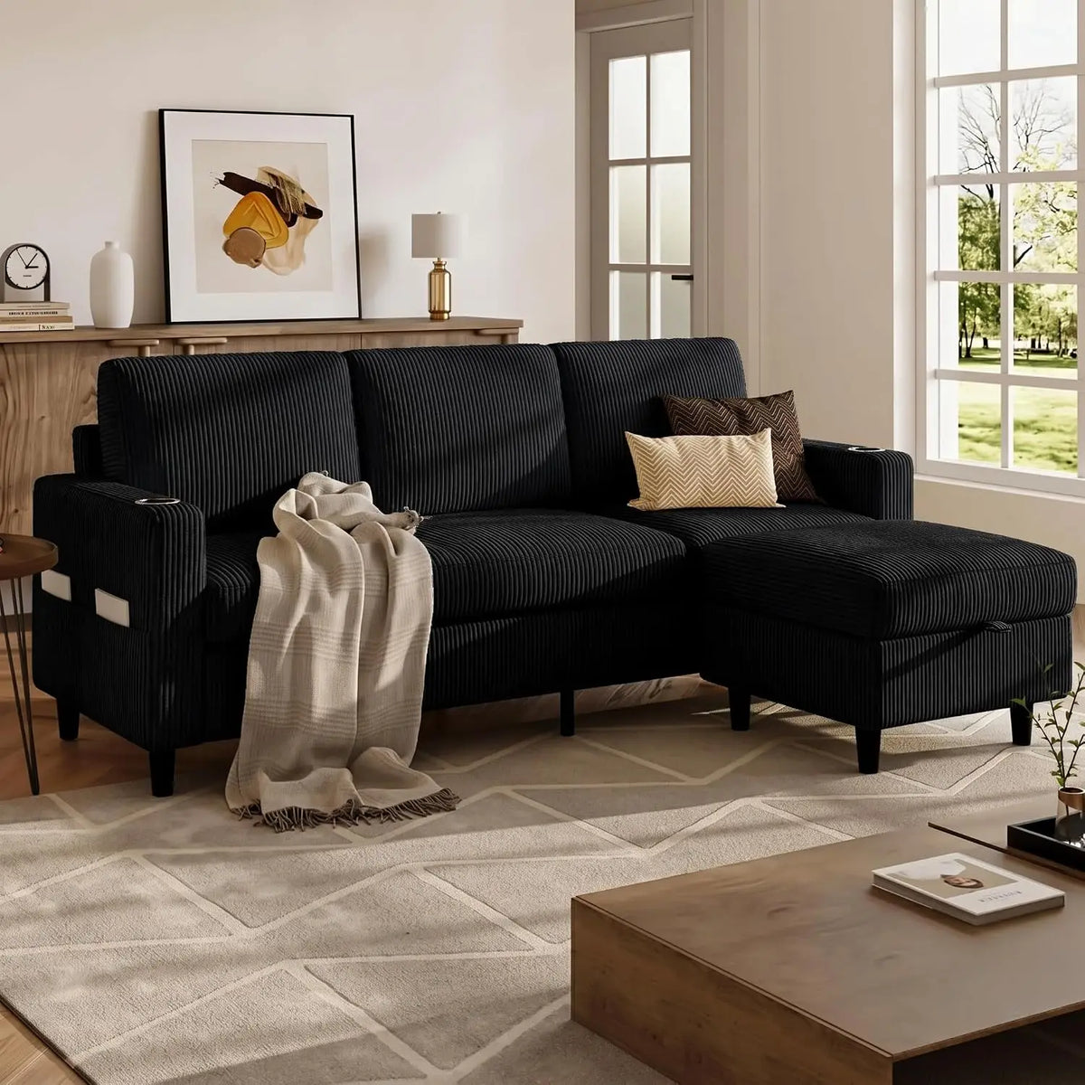 Convertible Sectional Couches for Living Room, 3 Seats L Shaped Sofa with Storage Ottoman & 2 Cup Holders, Modern, Custom