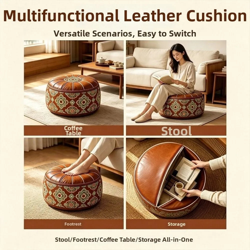 New PU Leather Fillable Ottoman Pouf Embroidered Pattern Moroccan Style Storage Ottoman Round Shape Floor Seat Cushion Home Use