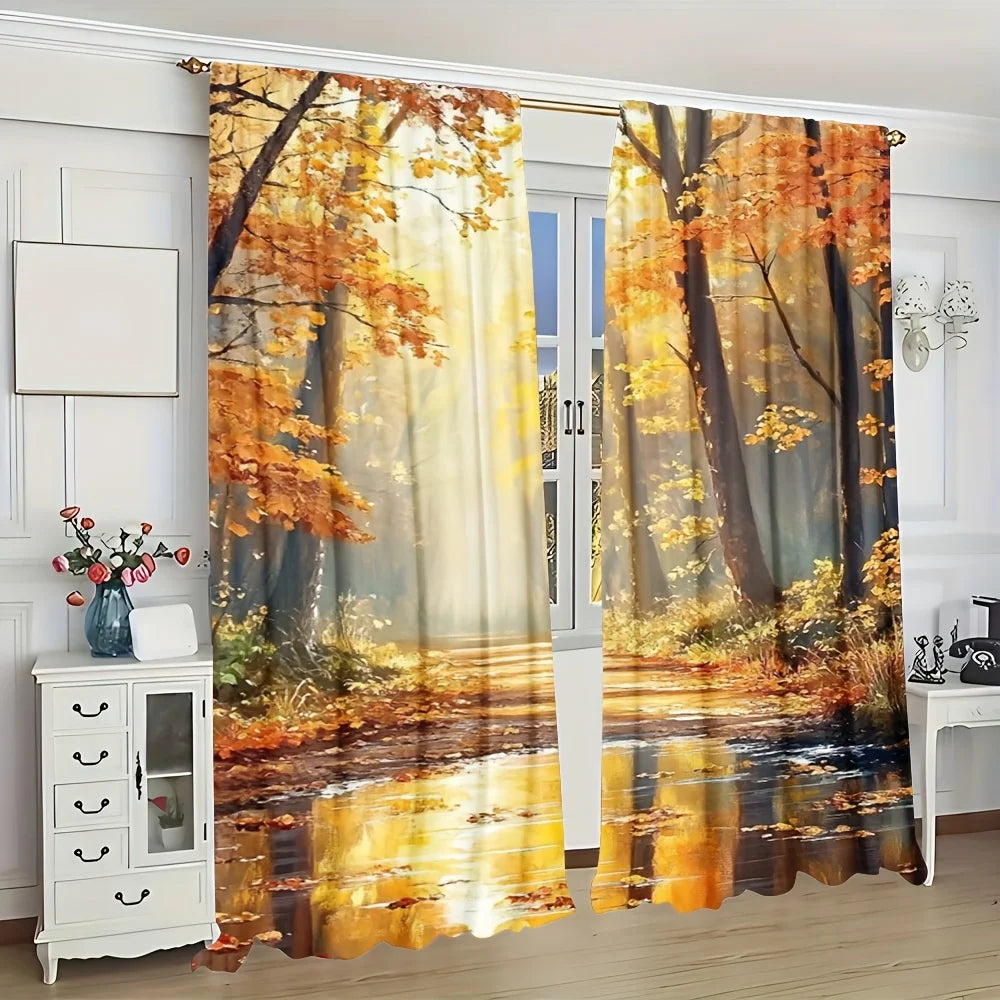 2pcs Autumn Forest Curtains Golden Sunlight Tree Window Drapes Fall Landscape Oil Painting Decor Living Room Bedroom