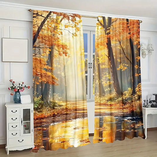 2pcs Autumn Forest Curtains Golden Sunlight Tree Window Drapes Fall Landscape Oil Painting Decor Living Room Bedroom