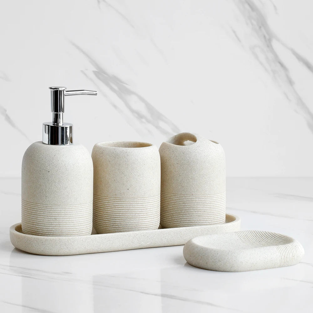 5Pcs Bathroom Accessories set  Lotion Dispenser Toothbrush Holder Tray Tumbler Cup Soap Dish Beige and Grey