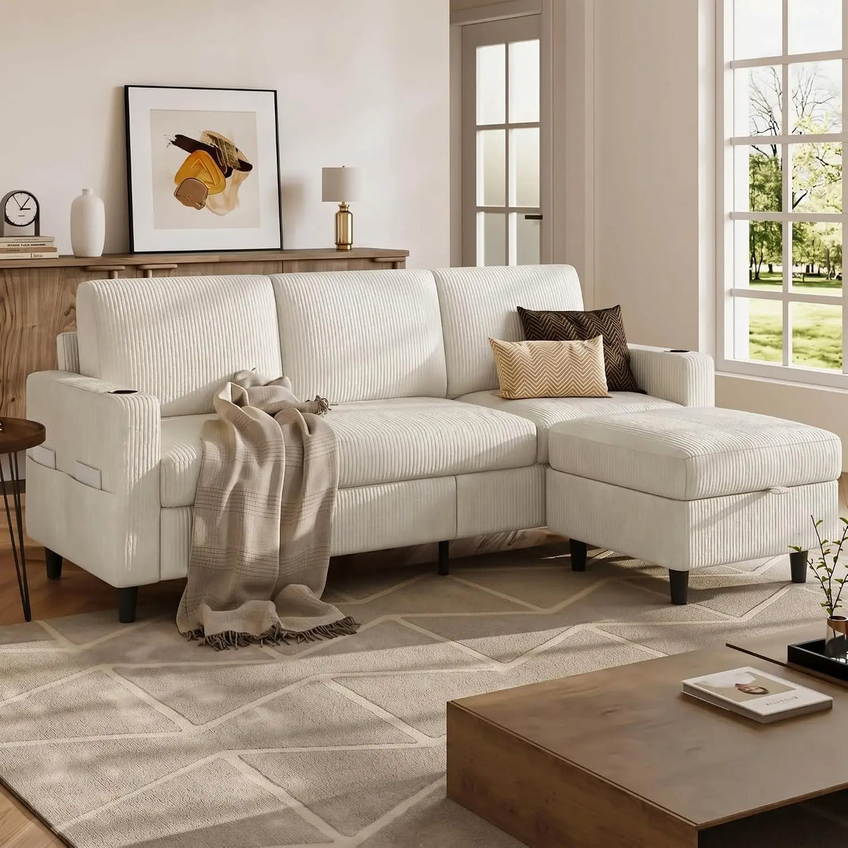 Convertible Sectional Couches for Living Room, 3 Seats L Shaped Sofa with Storage Ottoman & 2 Cup Holders, Modern, Custom