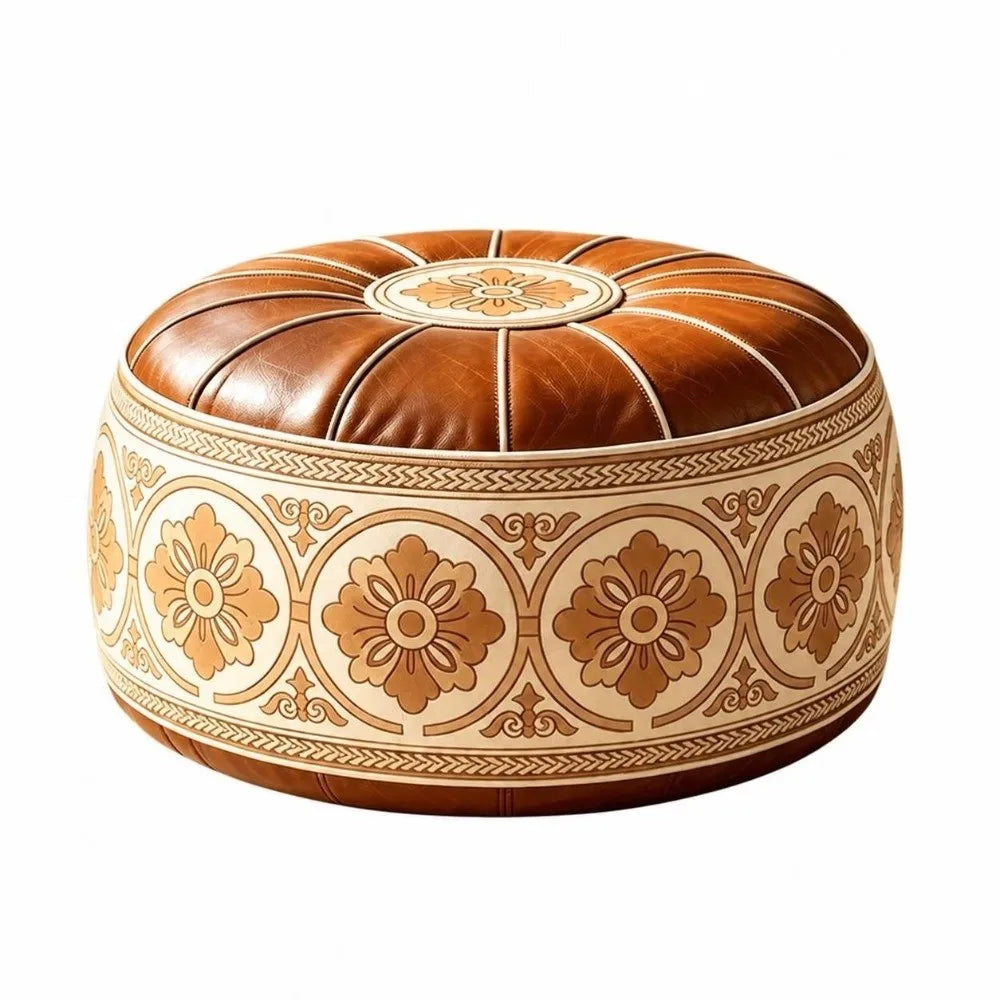 New PU Leather Fillable Ottoman Pouf Embroidered Pattern Moroccan Style Storage Ottoman Round Shape Floor Seat Cushion Home Use