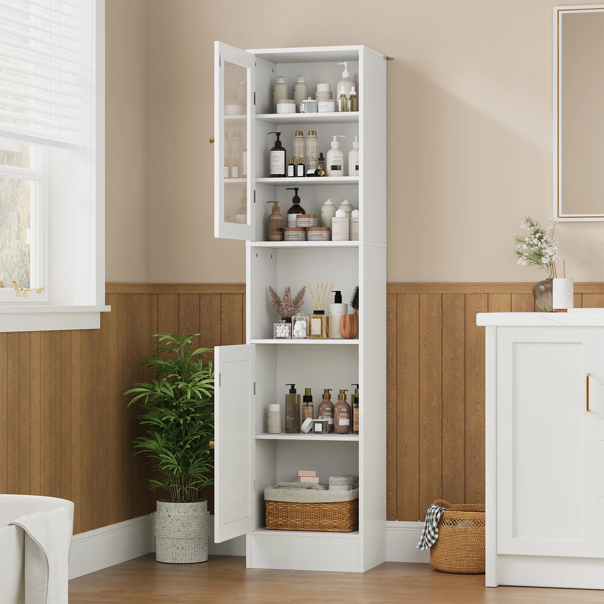 67" Tall Slim Bathroom Storage Cabinet with Glass Doors Adjustable Shelves & Anti-Tip Kit – Space-Saving Linen Tower for Bath, Kitchen or Laundry Room (Gray Wood Grain/Black/White)