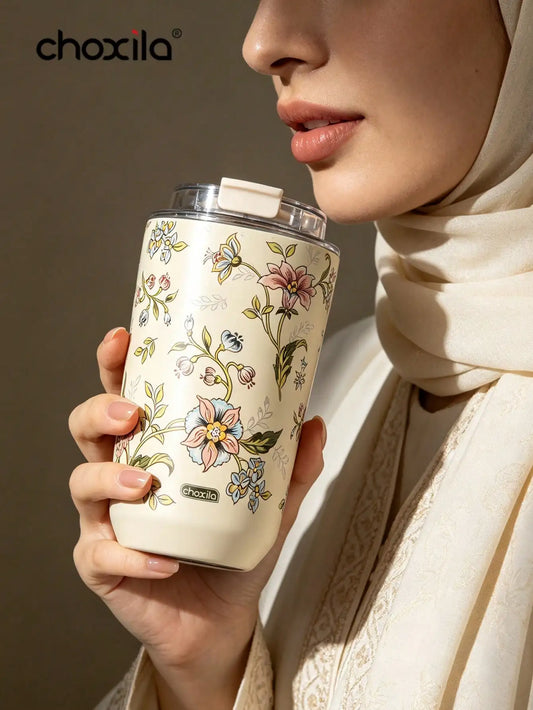 choxila 1pc Vintage Floral Print 380ml Stainless Steel Insulated Coffee Travel Mug, Leak-Proof Flip Lid Travel Cup, Hot & Cold Dual Use, Suitable For Car, Office, Home, Ideal Gift For Women sh260707114399763994227