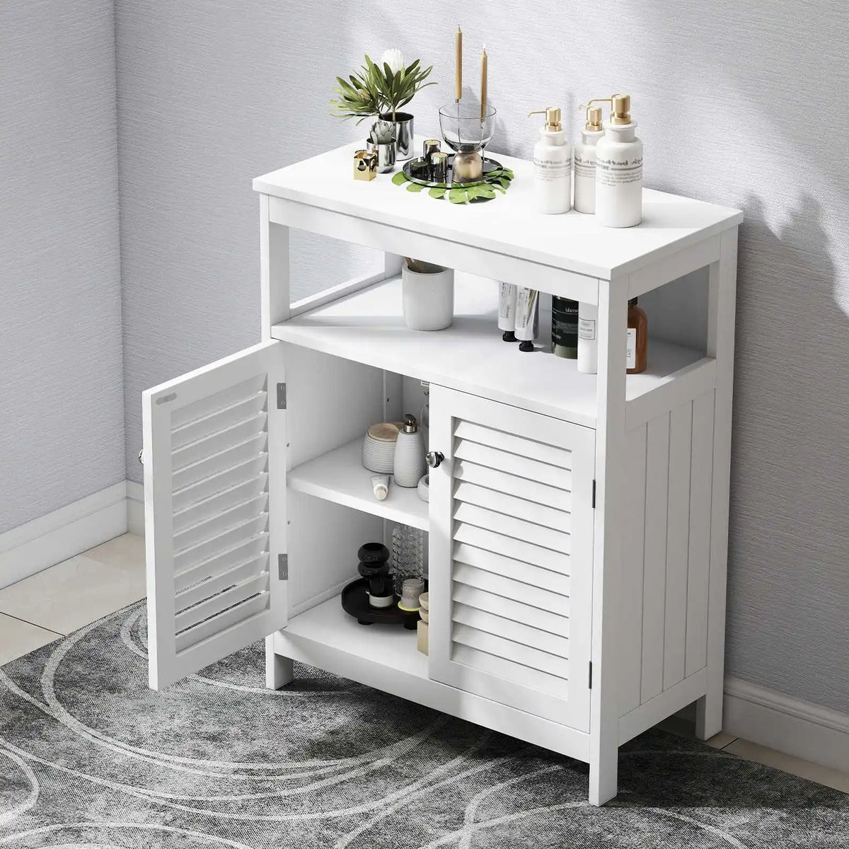 Bathroom Storage Cabinet White Waterproof Wooden Freestanding Cabinet with Removable Shelf Shutter Doors for Home Hotel