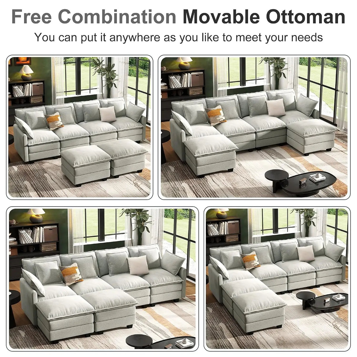 107" Cloud Couch Sectional Modular Sofa, Deep Seat Couches with Ottoman and Removable Washable Pillows for Living, Custom