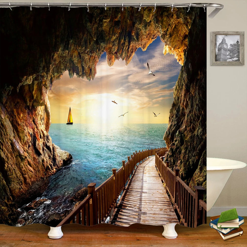 3d Beach Scenery Shower Curtains Sea Ocean Mediterranean Bathroom Curtain Waterproof Cloth Decoration 180*240cm Bath Curtain