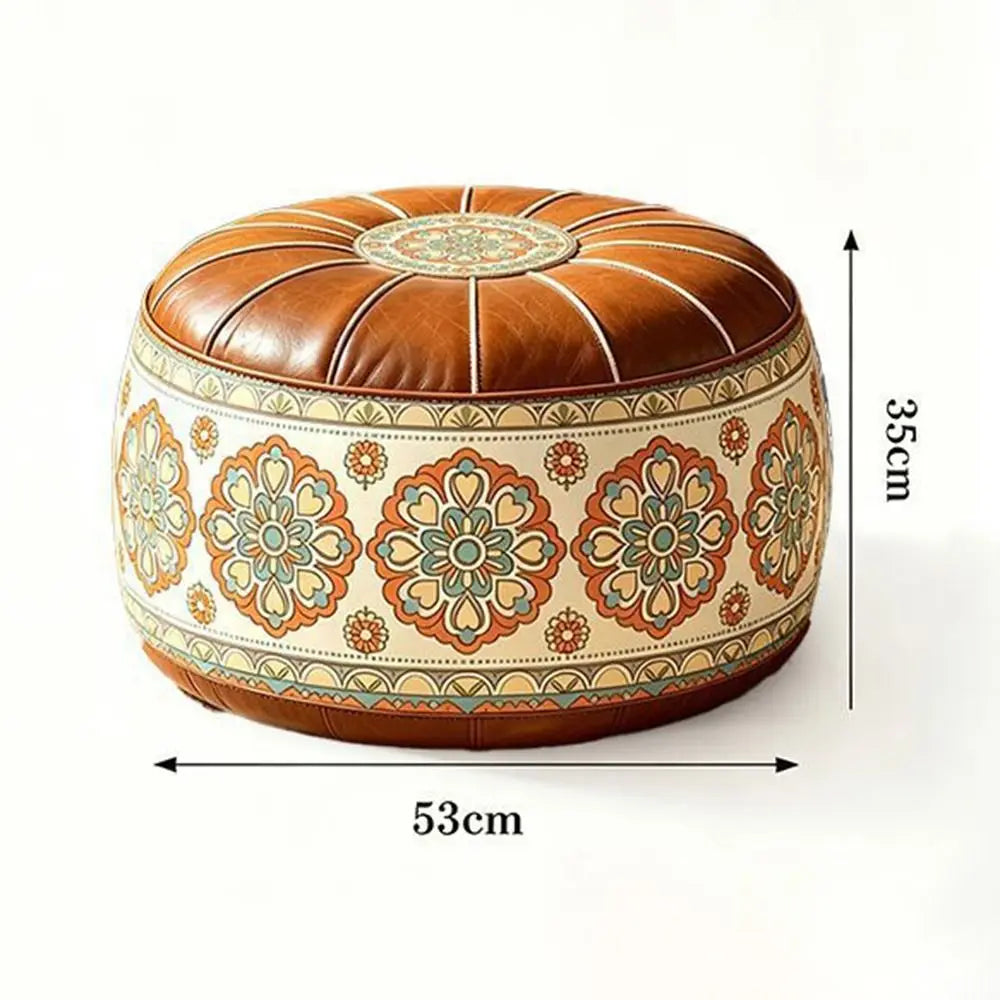 New PU Leather Fillable Ottoman Pouf Embroidered Pattern Moroccan Style Storage Ottoman Round Shape Floor Seat Cushion Home Use