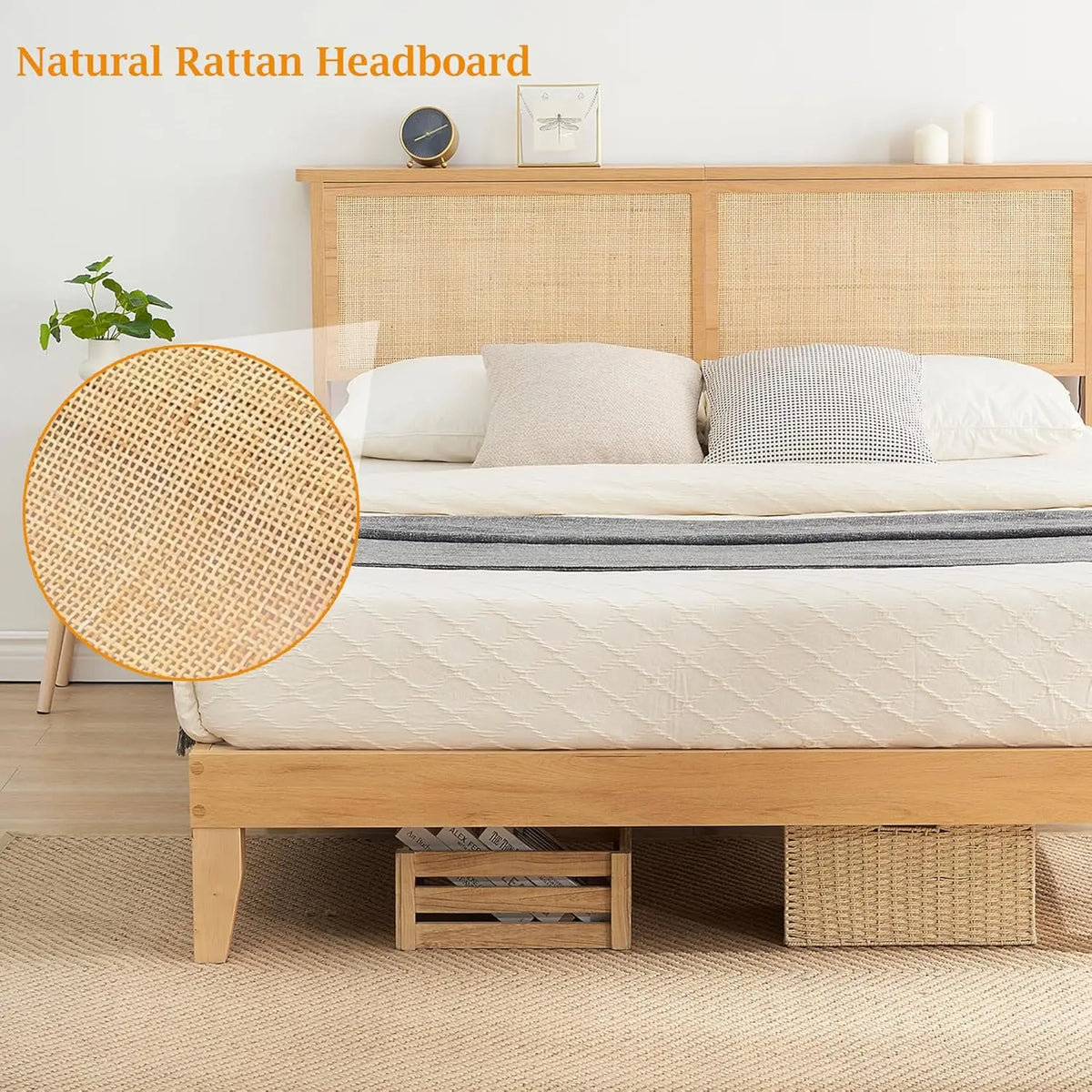 Bohemian Queen Rattan Bed LED Natural Headboard Bedroom | Bohemian queen rattan bed with natural headboard, LED, Customized