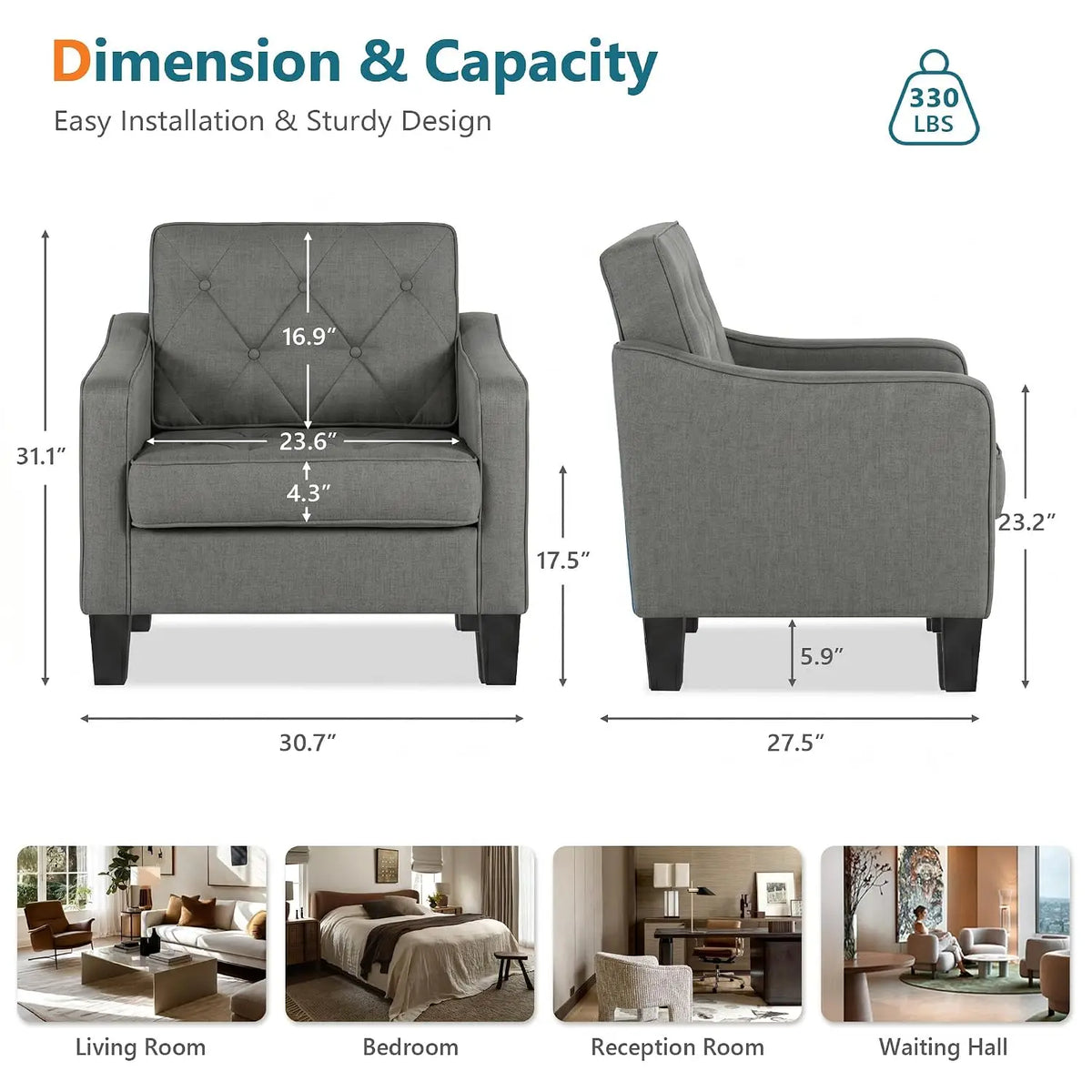 Grey Accent Chairs Set of 2, Wide Comfy Arm Chairs for Living Room, Office |  Tufted Club Chair, Reading Chairs for, Customized