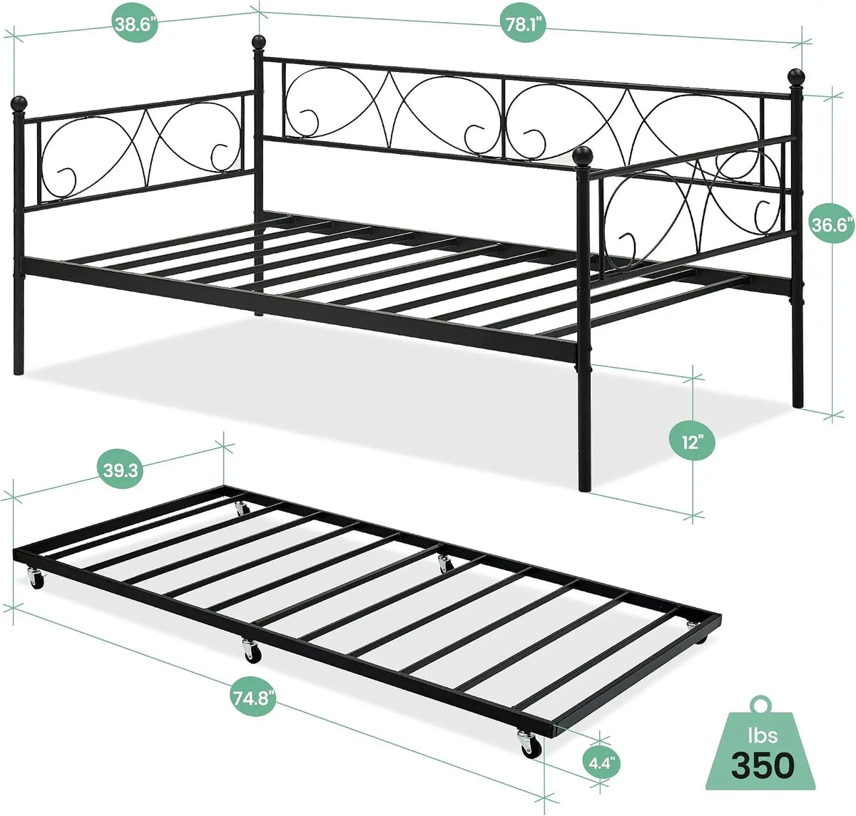 Sofa Bed with Pull-Out Trundle Bed for Bedroom/Living Room Twin Daybed with Trundle Upholstered Headboard & Charging Station Headboard Included No Box Spring Needed