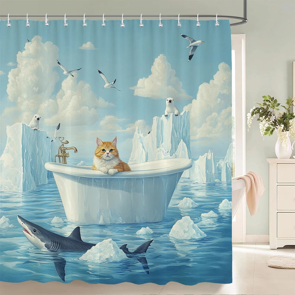Funny Cat and Dog Shower Curtain Animal Beach Printed Shower Curtain Bathroom Bath Curtain Home Decor Curtain With Hooks