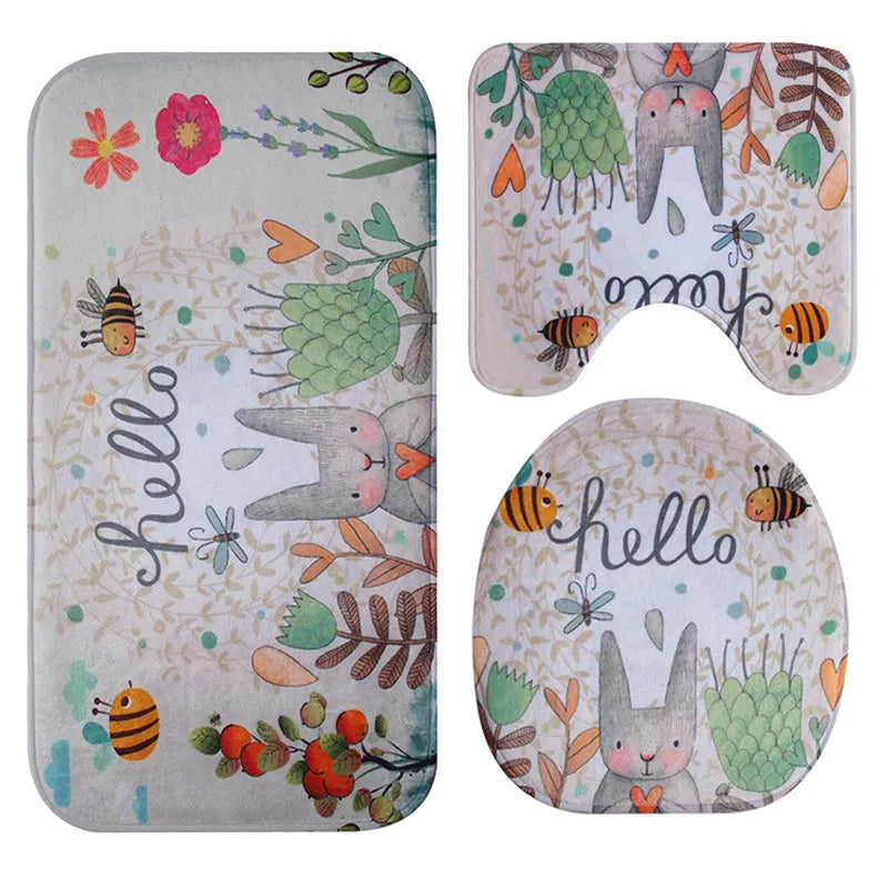 Honlaker Hello Rabbit Flannel Absorbent Non-Slip Mat Bathroom Toilet Mats Set Bath Rugs Toilet Covers