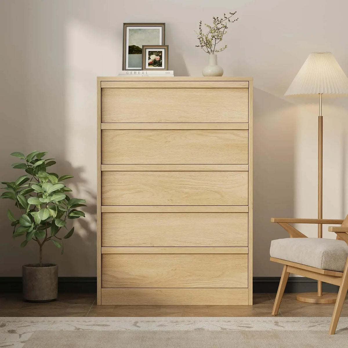 43.3" Tall 5-Drawer Chest Dresser – Freestanding Wooden Storage Cabinet with Drawers, Natural Oak, for Bedroom, Living Room, Hallway, Entryway