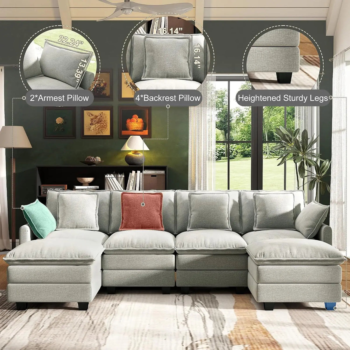 107" Cloud Couch Sectional Modular Sofa, Deep Seat Couches with Ottoman and Removable Washable Pillows for Living, Custom