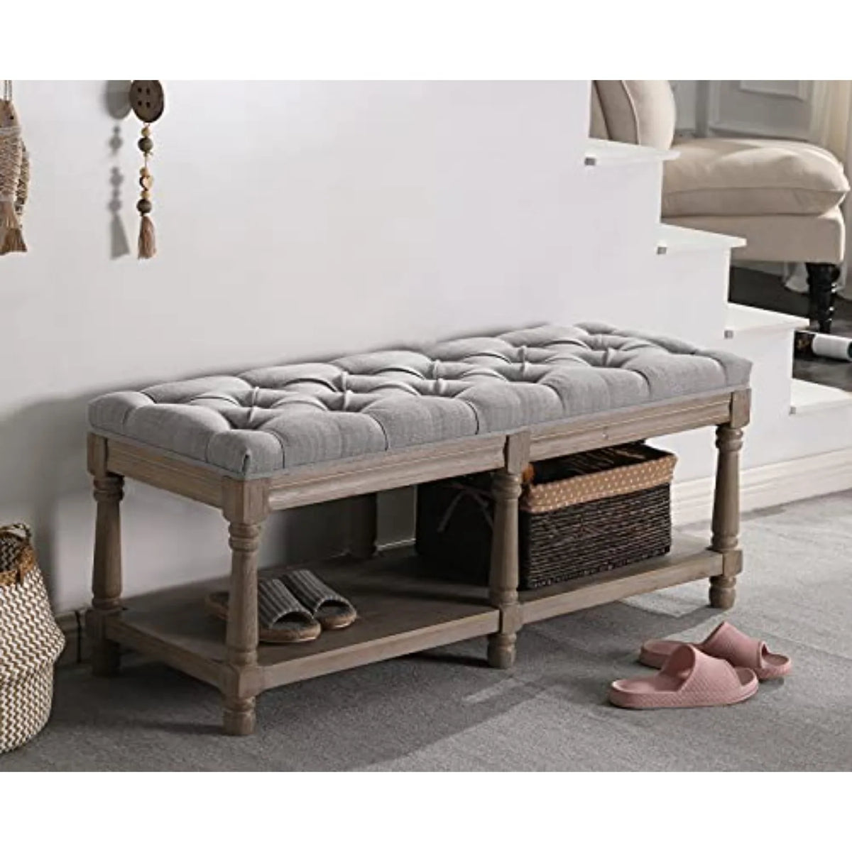 Shoe Rack Bench Storage Vintage Bedroom Padded Bench Seat End of Bed, Fabric Tufted Farmhouse French Entryway Bench