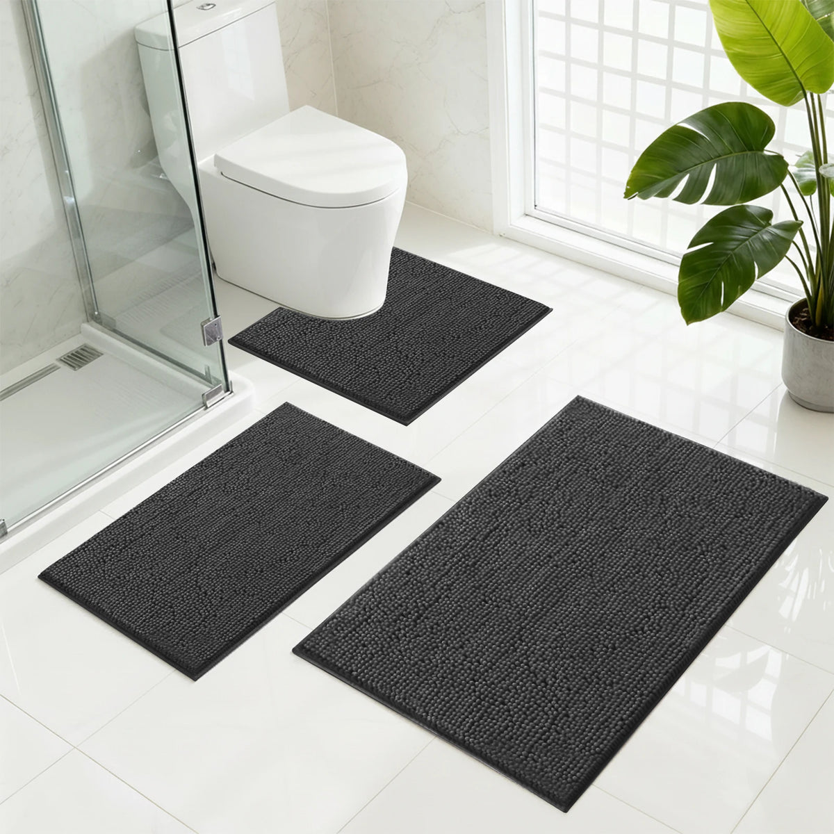 Absorbent Bathroom Rugs Set Non Slip 3 Piece Bath Mat Washable Chenille Bath Rugs Bath Tub Carpet Bathroom Mats with Toilet Rug
