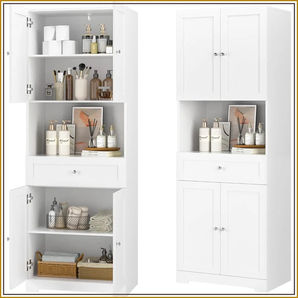 Tall Bathroom Storage Cabinet with Drawer, Modern Linen Cabinet, White