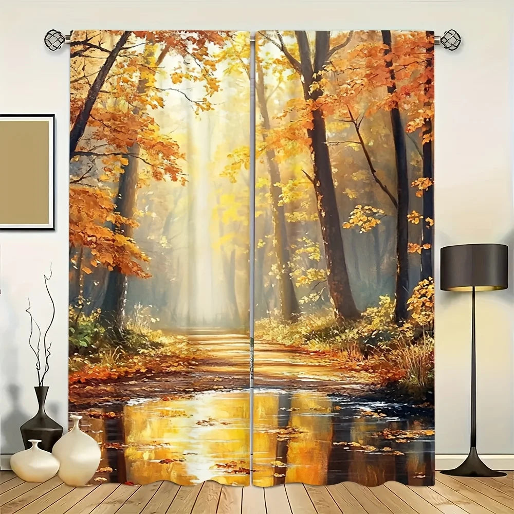 2pcs Autumn Forest Curtains Golden Sunlight Tree Window Drapes Fall Landscape Oil Painting Decor Living Room Bedroom