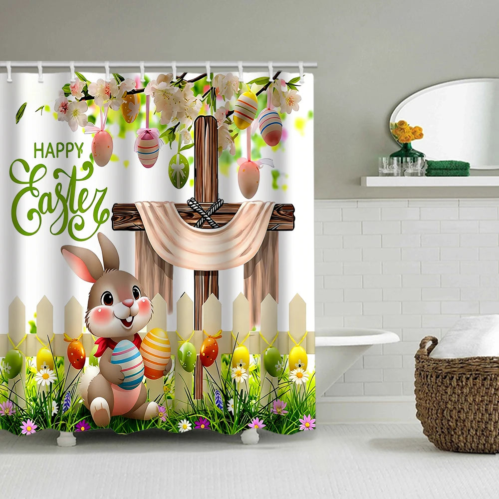 4/1 Easter Bunny shower curtain set, toilet seat decoration, shower curtain with carpet and toilet lid, size 70.8x70.8 in