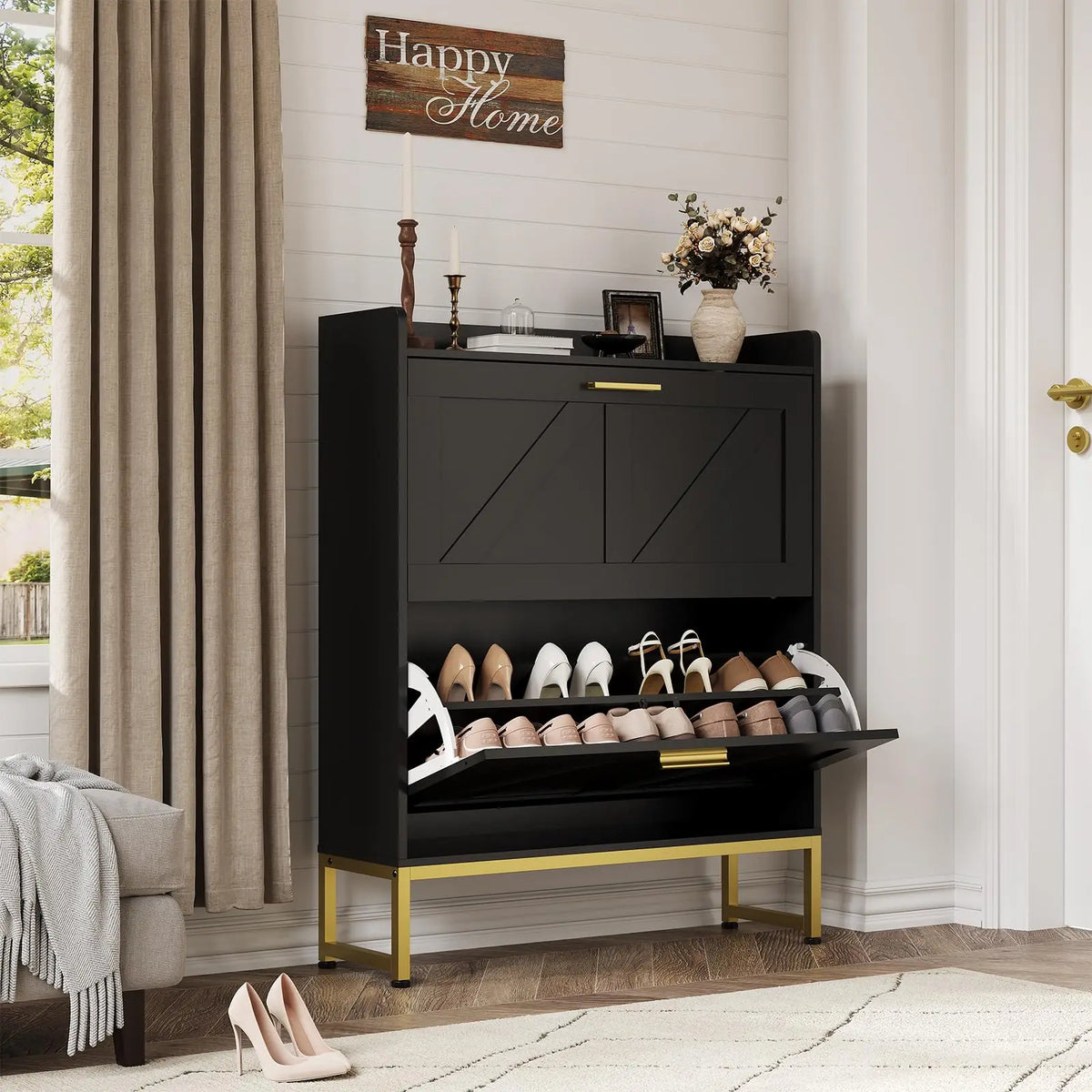 Narrow Shoe Cabinet For Entryway With 2-Tier Flip Drawers, Adjustable Shelves, Dustproof Back Panel, Freestanding Organizer