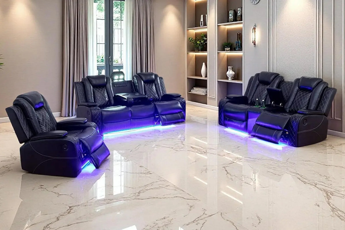 Modern Sectional Power Reclining Sofa Set With Storage Console LED Lights Black Leather