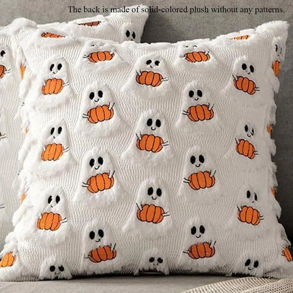 Ghost Pumpkin Plush Faux Fur Pillow Covers Soft Halloween Decor for Sofa Couch Bed Living Room White Orange Pillowcases 45x45CM