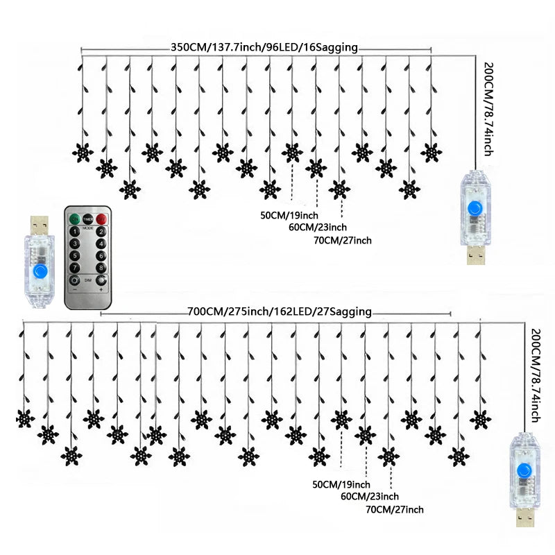 Snowflake Christmas String Lights 3.2M 8 Modes Outdoor Garden Patio Window Roof Eaves Yard Holiday Party Wedding Home Decoration