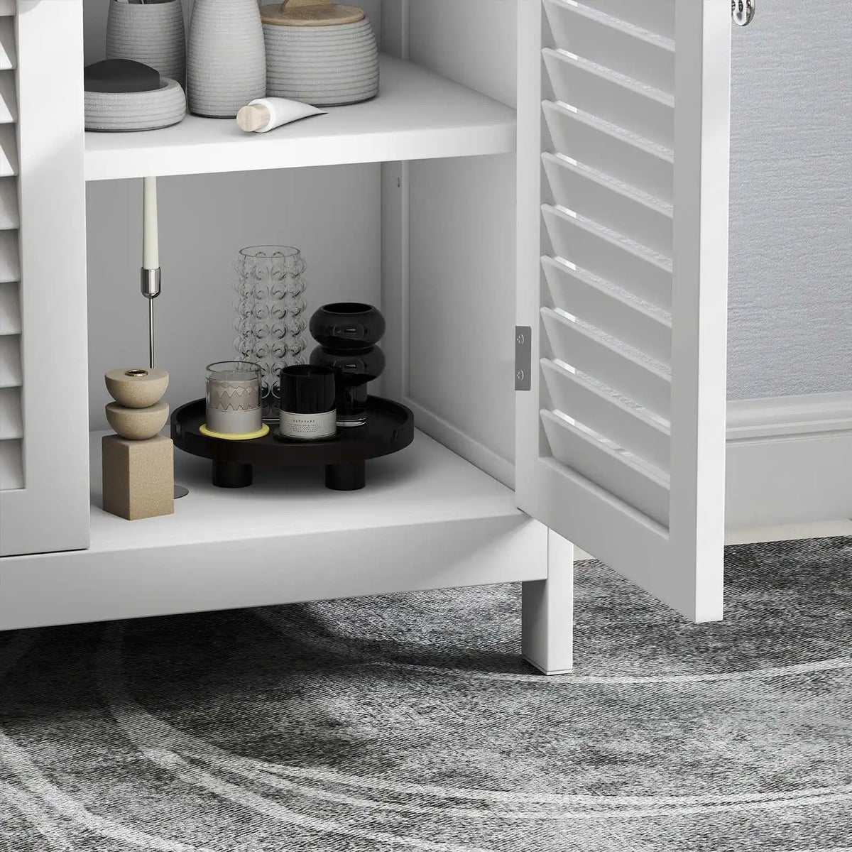 Bathroom Storage Cabinet White Waterproof Wooden Freestanding Cabinet with Removable Shelf Shutter Doors for Home Hotel