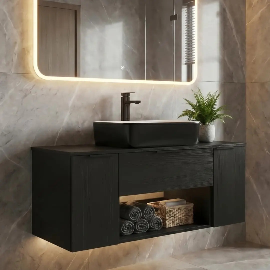 36'' Floating Bathroom Vanity with Sink, Wall Mounted Vanity, Black | Floating Bathroom Cabinets, Black handle, 1 Door