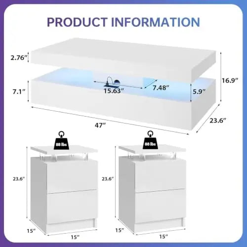 3-Piece Modern Living Room Table Set, Includes 47" LED Coffee Table and 15" End Tables Set of 2 with Storage Drawers