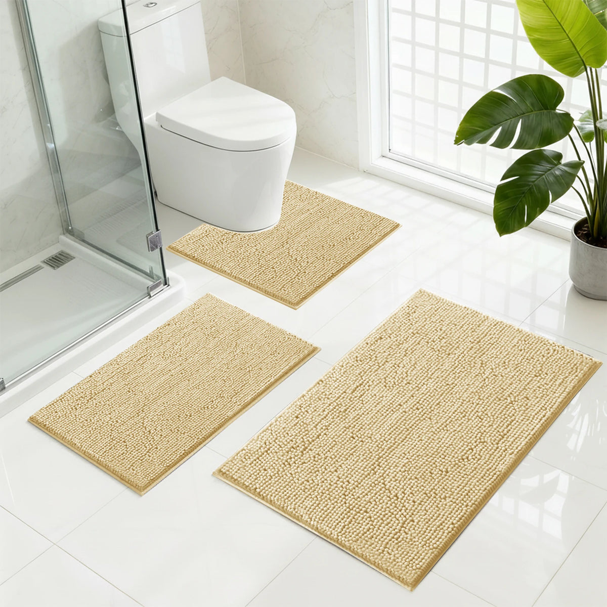 Absorbent Bathroom Rugs Set Non Slip 3 Piece Bath Mat Washable Chenille Bath Rugs Bath Tub Carpet Bathroom Mats with Toilet Rug