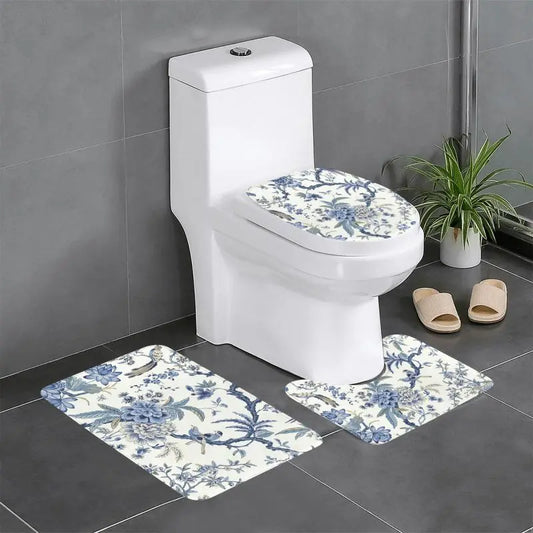 3 Pcss Set Chinoiserie Blue and White Outdoor Bule Birds Flowers Non-Slip Bath Mats Toilet Seat Cover U-Shaped Mat and Floor Rug