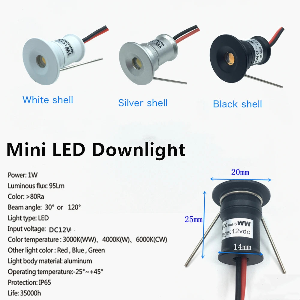 Mini LED 12V Recessed Ceiling Downlights 1W Dimmable Spotlight Black White Showcase Bedroom Party KTV DJ DIY Stairs Spot Lights