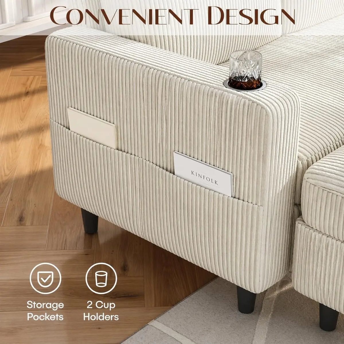 Convertible Sectional Couches for Living Room, 3 Seats L Shaped Sofa with Storage Ottoman & 2 Cup Holders, Modern, Custom