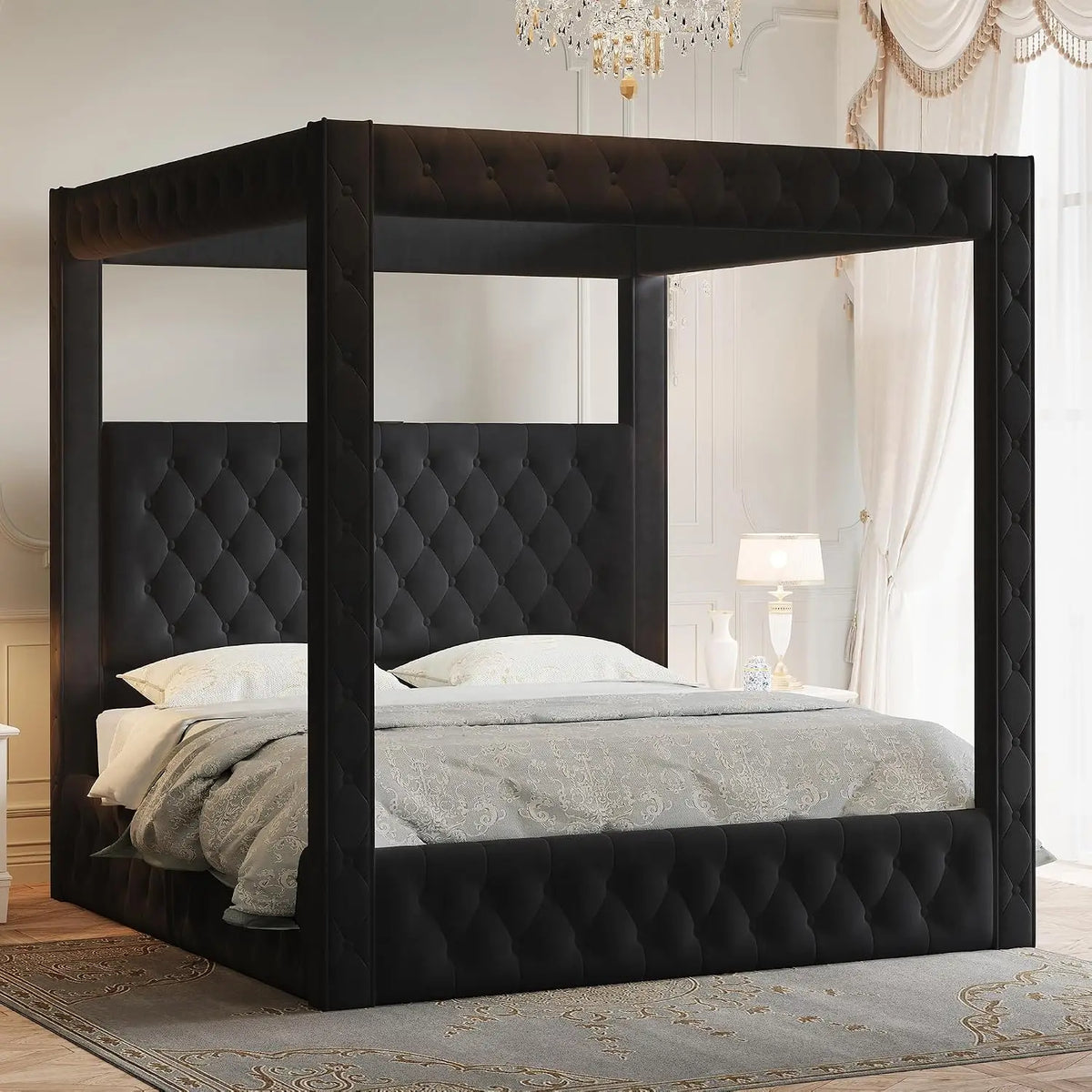 King Canopy Bed Frame Velvet Upholstered Deep-tufted Headboard 74.8" Tall Four Poster USB-A & USB-C Outlets No Box Spring 45-Min