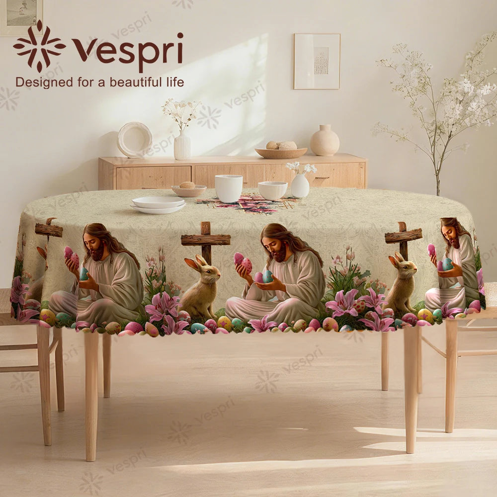 Vespri Easter Tablecloth Decor White Green Flower Rabbit Cross Round Rectangle Oval for Restaurants Parties Festivals