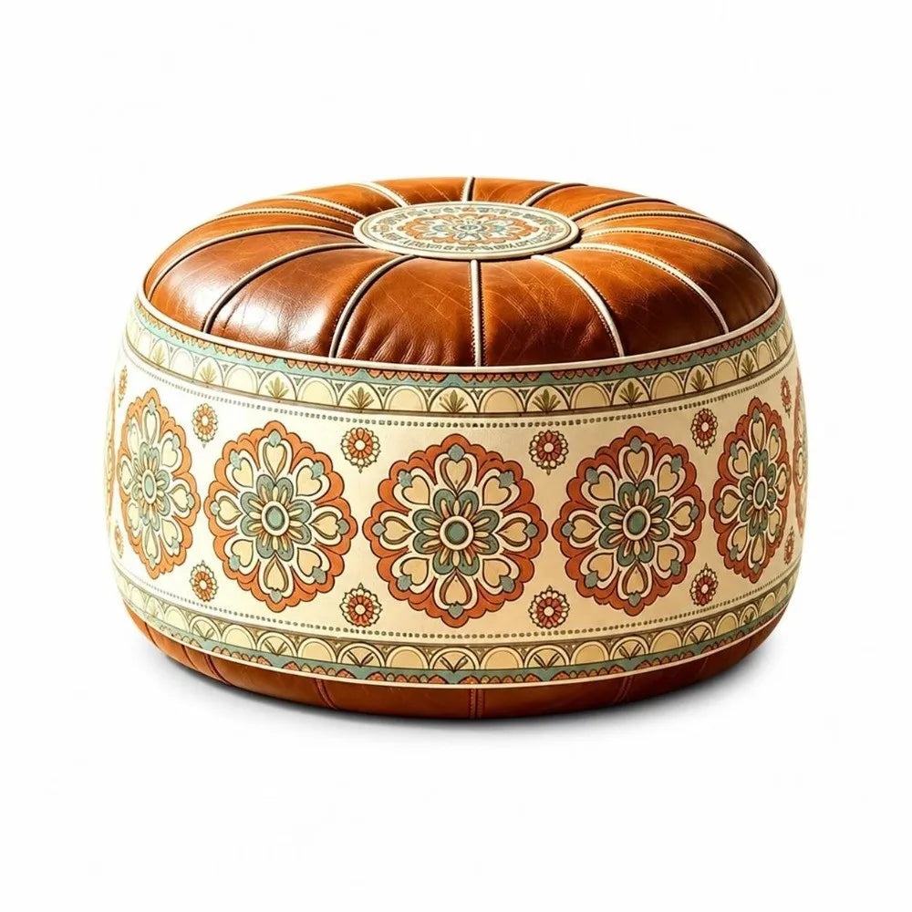 New PU Leather Fillable Ottoman Pouf Embroidered Pattern Moroccan Style Storage Ottoman Round Shape Floor Seat Cushion Home Use