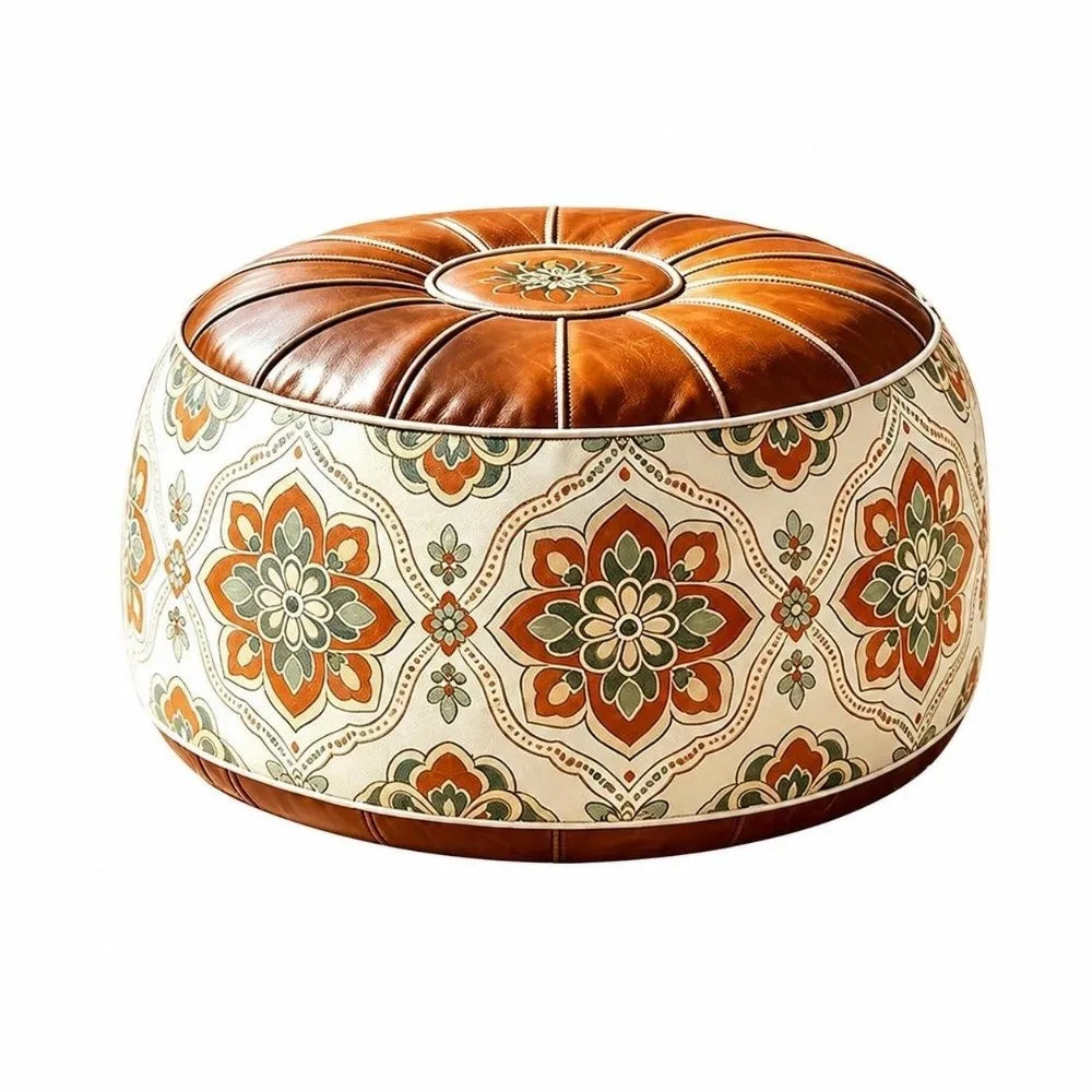 New PU Leather Fillable Ottoman Pouf Embroidered Pattern Moroccan Style Storage Ottoman Round Shape Floor Seat Cushion Home Use